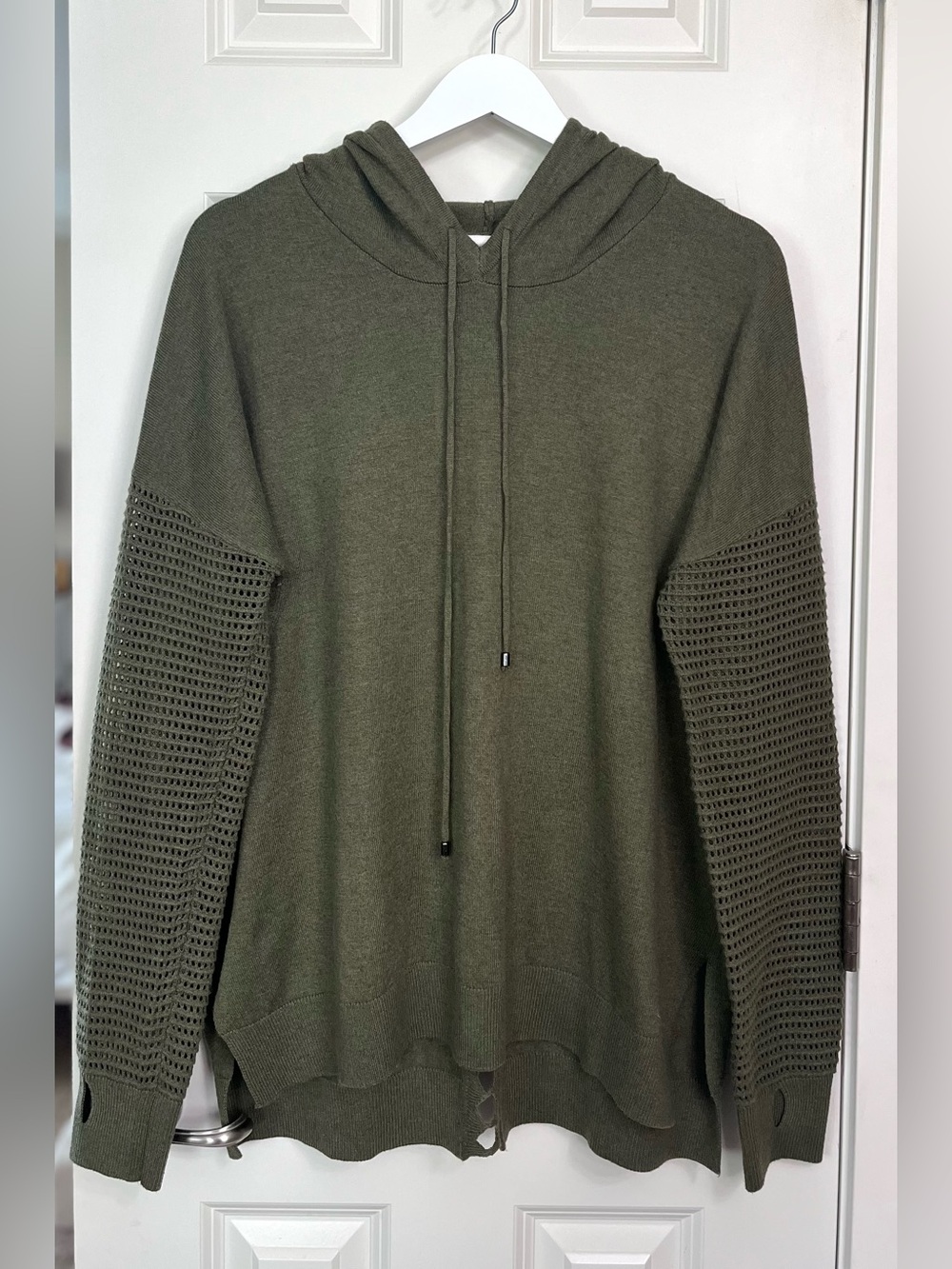 Olive Knit Hoodie with Textured Sleeve Detail